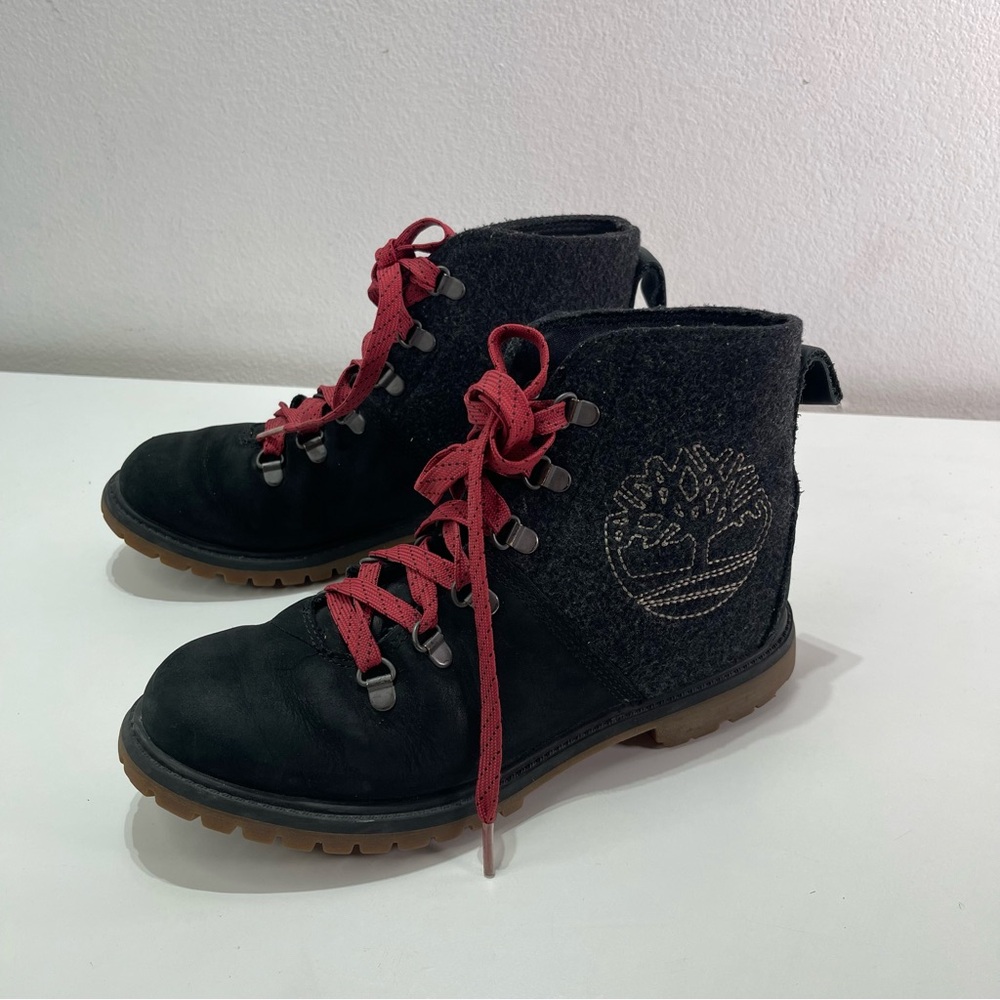 Timberland Wool Leather Wmn 9  Anti Fatigue Blk Combat Boots Embroidered Lace Up